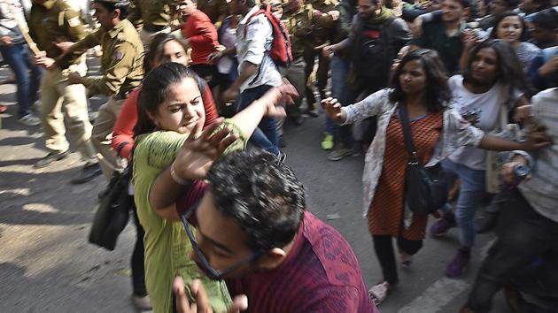 Ramjas College Principal Dr. Rajender Prasad said he is in discussion with the teachers who were organizers of the event and requested both the groups to not disrupt the peace and harmony in the college. (Raj K Raj/HT PHOTO)
