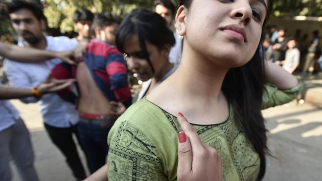 The teachers condemned the violence on campus. There have been clashes between students before but what we saw yesterday and today is different. Teachers were attacked. If they have differences, they can protest. Why resort to violence?, said DUTA president Nandita Narain at the protest site. (Raj K Raj/HT PHOTO)