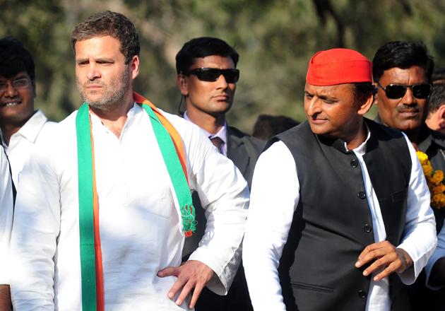Chief Minister of Uttar Pradesh and Samajwadi Party leader Akhilesh Yadav (Right) and Congress Party vice-President Rahul Gandhi (Left) speak as they take part in a joint roadshow in support of their state assembly election party candidates in Allahabad on February 21. (AFP) Chief Minister of Uttar Pradesh and Samajwadi Party leader Akhilesh Yadav (Right) and Congress Party vice-President Rahul Gandhi (Left) speak as they take part in a joint roadshow in support of their state assembly election party candidates in Allahabad on February 21. (AFP)