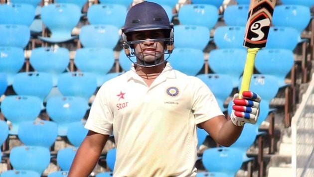 Abhishek Goswami celebrates his half century against England U-19 in Nagpur on Wednesday. (PTI) Abhishek Goswami celebrates his half century against England U-19 in Nagpur on Wednesday. (PTI)