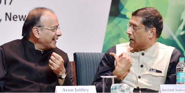New Delhi : Finance Minister Arun Jaitley with Chief Economic Adviser Arvind Subramanian during a book release function in New Delhi. (PTI) New Delhi : Finance Minister Arun Jaitley with Chief Economic Adviser Arvind Subramanian during a book release function in New Delhi. (PTI)