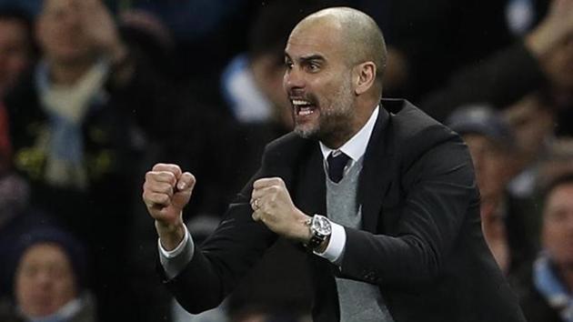 Manchester City manager Pep Guardiola celebrates after his team’s win against AS Monaco.(REUTERS) Manchester City manager Pep Guardiola celebrates after his team’s win against AS Monaco.(REUTERS)