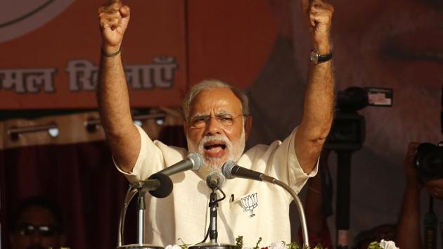 Prime Minister Narendra Modi gestures as he addresses an election rally in Allahabad, Uttar Pradesh.(AP Photo) Prime Minister Narendra Modi gestures as he addresses an election rally in Allahabad, Uttar Pradesh.(AP Photo)