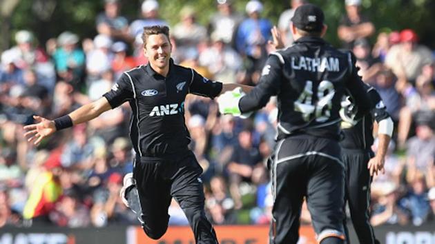 New Zealand’s Trent Boult celebrates after dismissing AB de Villiers of South Africa in Christchurch.(Getty Images) New Zealand’s Trent Boult celebrates after dismissing AB de Villiers of South Africa in Christchurch.(Getty Images)