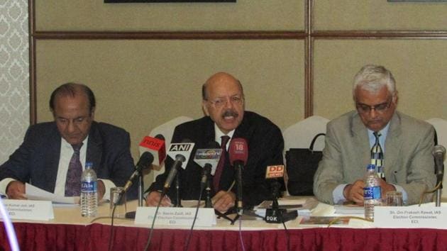 Chief Election Commissioner Dr Nasim Zaidi (centre) led Election Commission of India officials after reviewing preparedness in the poll bound Manipur for the last two days briefing the media on Wednesday. Manipur goes to 2-phase assembly polls on March 4 and 8.(HT) Chief Election Commissioner Dr Nasim Zaidi (centre) led Election Commission of India officials after reviewing preparedness in the poll bound Manipur for the last two days briefing the media on Wednesday. Manipur goes to 2-phase assembly polls on March 4 and 8.(HT)
