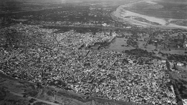 An aerial view of Old Delhi with the city wall in the foreground, circa 1935. The Yamuna river is also visible on the top right. (Getty Images)