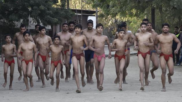 Wrestlers training during the day at Krishan Pehalwan Akhaara (P and T) facility in Amritsar on Wednesday. (Gurpreet Singh/HT Photo)