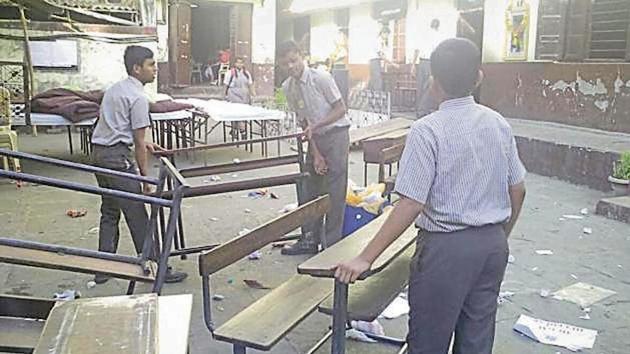 Schools said they had to take the help of students to tidy up their campuses before classes on Wednesday. (HT Photo) Schools said they had to take the help of students to tidy up their campuses before classes on Wednesday. (HT Photo)