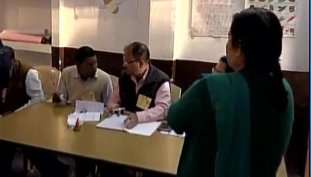 Voting underway at a polling booth in Allahabad on Thursday.(ANI/Twitter)