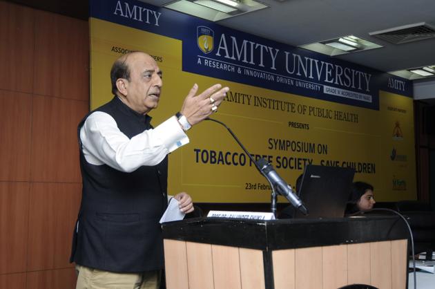 MP Dinesh Trivedi addresses students on the harms of tobacco usage at Amity University, Noida, on Thursday. (Sunil Ghosh /HT Photo) MP Dinesh Trivedi addresses students on the harms of tobacco usage at Amity University, Noida, on Thursday. (Sunil Ghosh /HT Photo)
