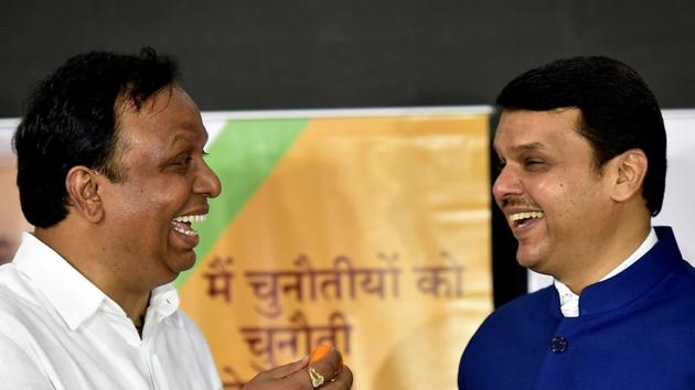 THE LAST LAUGH: Maharashtra CM Devendra Fadnavis and Mumbai unit president  Ashish Shelar at the BJP office in Dadar . (Kunal Patil/HT photo) 