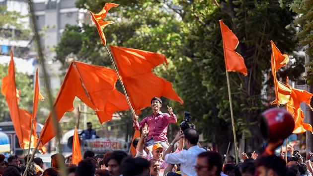 ON A HIGH: Party workers can’t contain their joy. (Kunal Patil/ /HT photo) 