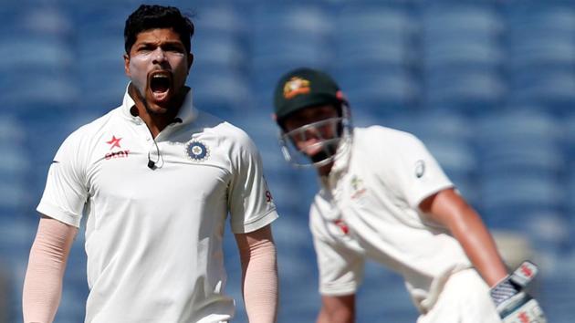 Umesh Yadav celebrates the wicket of Australia's Matthew Wade in Pune on Thursday. Get cricket score of India vs Australia here.(REUTERS)