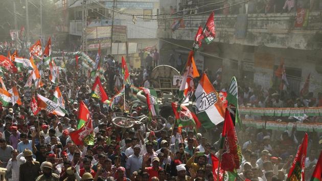 Supporters hold up a bicycle, the symbol of the Samajwadi Party, during a joint election rally by Uttar Pradesh state chief minister Akhilesh Yadav and Congress party vice-president Rahul Gandhi in Uttar Pradesh. (AP Photo) Supporters hold up a bicycle, the symbol of the Samajwadi Party, during a joint election rally by Uttar Pradesh state chief minister Akhilesh Yadav and Congress party vice-president Rahul Gandhi in Uttar Pradesh. (AP Photo)