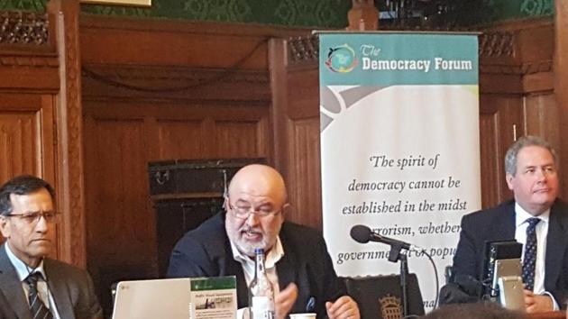 Mir Suleman Dawood Jan Ahmedzai addresses a seminar at the House of Lords in London on Thursday. (HT Photo) Mir Suleman Dawood Jan Ahmedzai addresses a seminar at the House of Lords in London on Thursday. (HT Photo)