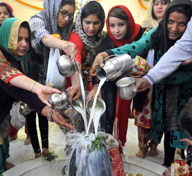 Devotees on the occasion of Maha Shivratri offering milk at a temple in sector 21 in Chandigarh on Friday. (Keshav Singh/HT Photo)