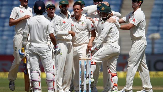 Steve O’Keefe’s 6/35 and Steve Smith’s 59* helped Australia dominate India on the second day of first Test in Pune. (REUTERS)