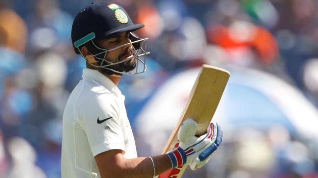 Virat Kohli reacts after his dismissal on Day 2 of the first Test match between India and Australia at the Maharashtra Cricket Association Stadium in Pune on Friday. It was the Indian cricket team captain’s fifth duck in Tests.(BCCI)