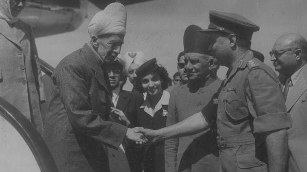 The Nizam arriving in Delhi being received on behalf of the president by Colonel B Chatterjee, Military Secretary as he alights from a plane at Palam. The Nizam arriving in Delhi being received on behalf of the president by Colonel B Chatterjee, Military Secretary as he alights from a plane at Palam.