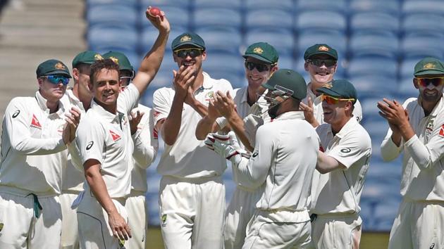 Australian bowler Steve O'Keefe celebrates his six wickets during the first test match played against India in Pune. (PTI) Australian bowler Steve O'Keefe celebrates his six wickets during the first test match played against India in Pune. (PTI)