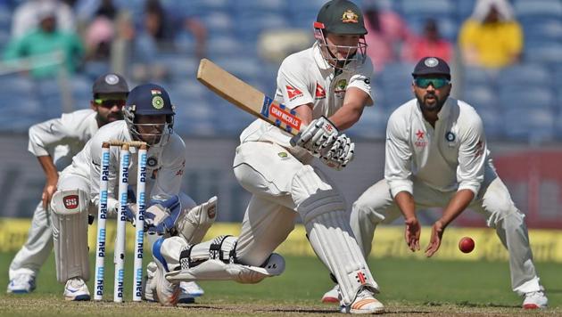 Australian batsman Matt Renshaw plays a shot on Day 2 of the first India vs Australia Test in Pune on Friday. India dropped crucial catches in a low-scoring contest to compound their miseries after being all out for 105 in their first innings.(PTI)