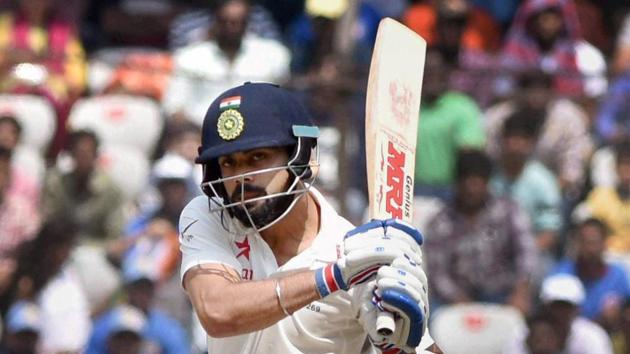 Virat Kohli has of India on action against Bangladesh during the 4th day test between India and Bangladesh at Uppal stadium in Hyderabad on Sunday.PTI Photo(PTI2_12_2017_000067A)(PTI)