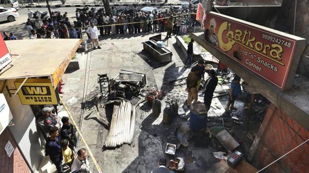 Two firemen were killed and two others were injured in a cylinder blast at Vikaspuri on Friday.(Vipin Kumar / HT PHOTO) Two firemen were killed and two others were injured in a cylinder blast at Vikaspuri on Friday.(Vipin Kumar / HT PHOTO)