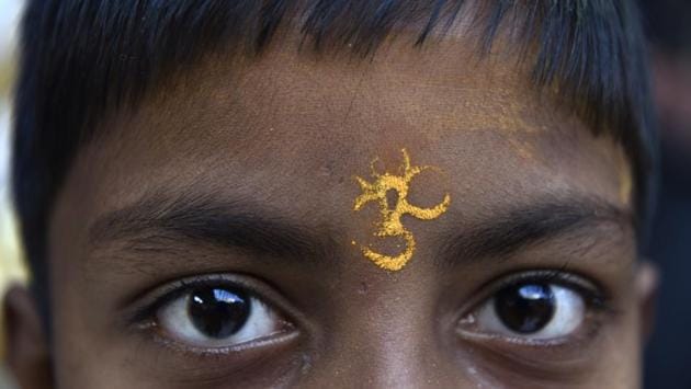 A tilak seen on a child’s forehead. (Saumya Khandelwal/HT PHOTO)