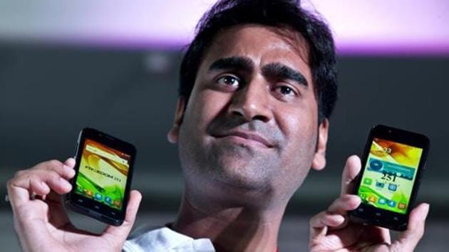 Mohit Goel, former director of Ringing Bells, showing its flagship Freedom 251 smartphone at its launch on July 7, 2016. Goel has been charged with forgery, criminal breach of trust, cheating and criminal conspiracy by the Ghaziabad police.(AP File Photo)