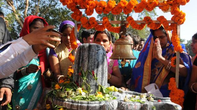 Devotees offering Milk, Honey and Coconut water on a Shivling on the Maha Shivratri festival at Shiv Murti Rangpuri, in Gurgaon.
