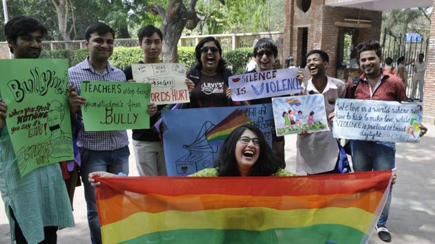 The students from Delhi University protesting against campus violence against LGBTQ  (File photo) (Sushil Kumar/HT)