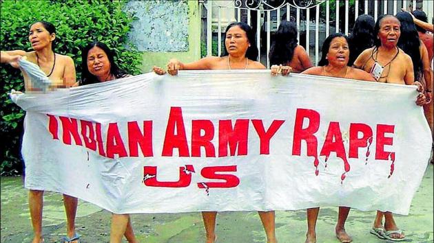 The protest by 12 elderly women in Imphal on July 15, 2004 outside the headquarters of the Assam Rifles paramilitary force. The women were protesting against the killing of Thangjam Manorama.(AFP)