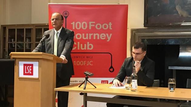 Finance minister Arun Jaitley speaking at the London School of Economics on Saturday.(HT Photo)