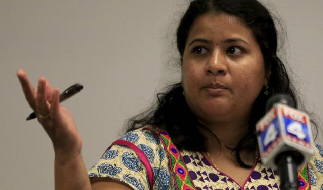 Sunayana Dumala talks about her late husband, Srinivas Kuchibhotla, during a news conference at Garmin Headquarters in Olathe, Kansas, on Friday. (AP) Sunayana Dumala talks about her late husband, Srinivas Kuchibhotla, during a news conference at Garmin Headquarters in Olathe, Kansas, on Friday. (AP)