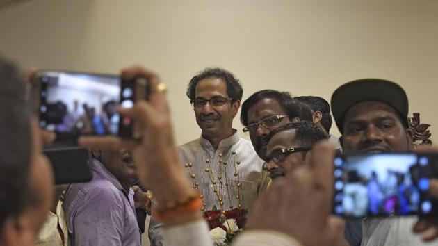 Shiv sena chief Uddhav Thackeray meets party workers at his residence on Friday.(Vijayanand Gupta/HT PHOTO)