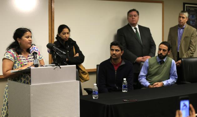 Sunayana Dumala, left, talks about her late husband, Srinivas Kuchibhotla, during a news conference at Garmin Headquarters in Olathe, Kansas.(AP Photo)