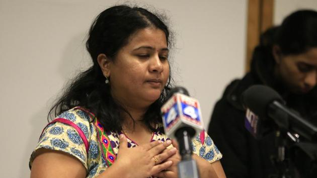 Sunayana Dumala talks about her late husband, Srinivas Kuchibhotla, during a news conference at Garmin Headquarters in Olathe, Kansas City.(AP Photo)