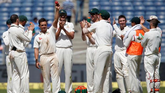 Australia's Steve O'Keefe celebrates after picking his second five wicket haul of the first Test against India in Pune.(REUTERS)