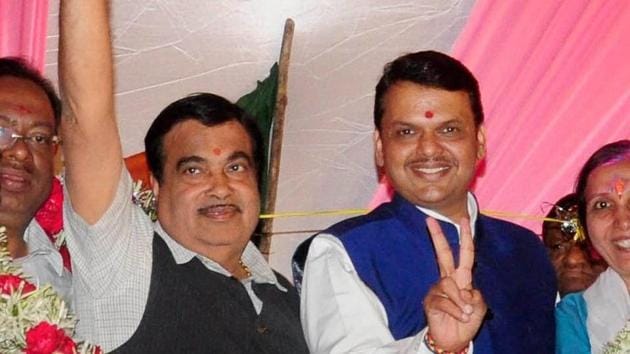 Union minister Nitin Gadkari with Maharashtra chief minister Devendra Fadnavis during celebrations after the Municipal Corporation poll results in Nagpur on Thursday night. (PTI) Union minister Nitin Gadkari with Maharashtra chief minister Devendra Fadnavis during celebrations after the Municipal Corporation poll results in Nagpur on Thursday night. (PTI)