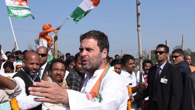 Congress vice president Rahul Gandhi talks to the crowd at during an election rally at Inter Collage Bhanpur, Uttar Pradesh. (Arun Sharma/HT PHOTO)
