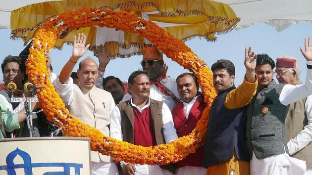 Home Minister Rajnath Singh during an election rally at Lalganj, Azamgarh. (PTI)