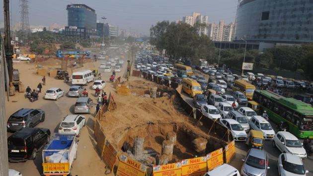 The underpass work at Iffco Chowk. Underpasses are also being built at Rajiv Chowk and Signature Tower intersection. (HT File) The underpass work at Iffco Chowk. Underpasses are also being built at Rajiv Chowk and Signature Tower intersection. (HT File)