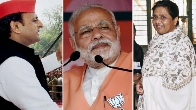 A combination of photos of Uttar Pradesh chief minister Akhilesh Yadav, Prime Minister Narendra Modi and BSP chief Mayawati.