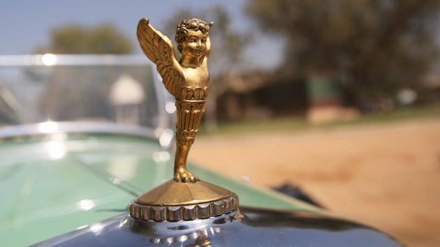 A bonnet ornament of a vintage car displayed during the 19th Vintage & Classic Car Rally in Jaipur.