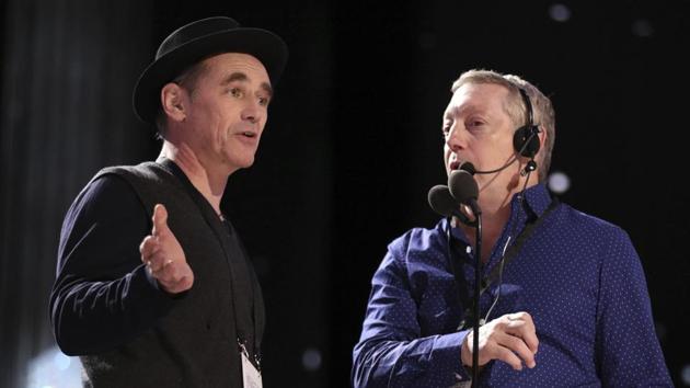 Mark Rylance, left, and stage manager Gary Natoli appear during a rehearsal. He won the Best Supporting Actor award last year for Bridge of Spies. (Matt Sayles/Invision/AP)