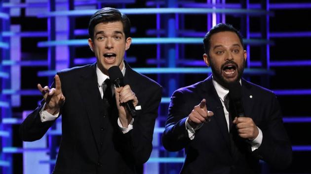 Hosts John Mulaney (L) and Nick Kroll sing at the 2017 Film Independent Spirit Awards in Santa Monica.(REUTERS)