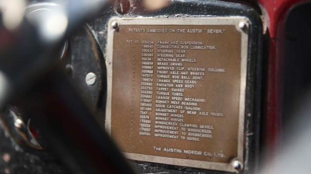 List of patents embodied on the AUSTIN’s dashboard display during the 19th Vintage & Classic Car Rally in Jaipur (Himanshu Vyas\ HT Photo)