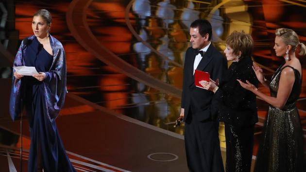 Iranian astronaut Anousheh Ansari accepting the Oscar and reading out a note on behalf of Iranian director Asghar Farhadi. Iranian astronaut Anousheh Ansari accepting the Oscar and reading out a note on behalf of Iranian director Asghar Farhadi.