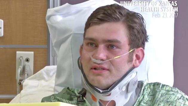 Ian Grillot was shot through the arm and chest. (Video screengrab/The University of Kansas Health System ) Ian Grillot was shot through the arm and chest. (Video screengrab/The University of Kansas Health System )