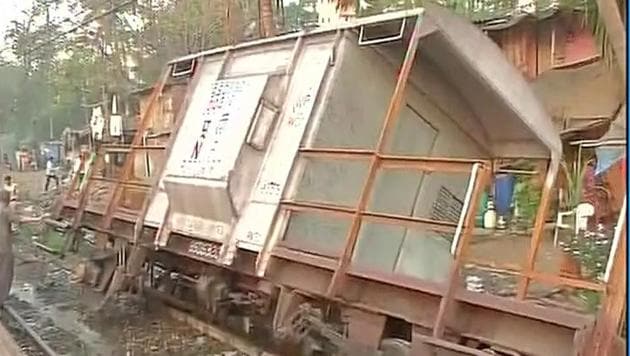 Harbour line services were halted on the Central Railways line after three wagons and brake van of a goods train derailed between Ravli and Kurla here (ANI Photo) Harbour line services were halted on the Central Railways line after three wagons and brake van of a goods train derailed between Ravli and Kurla here (ANI Photo)